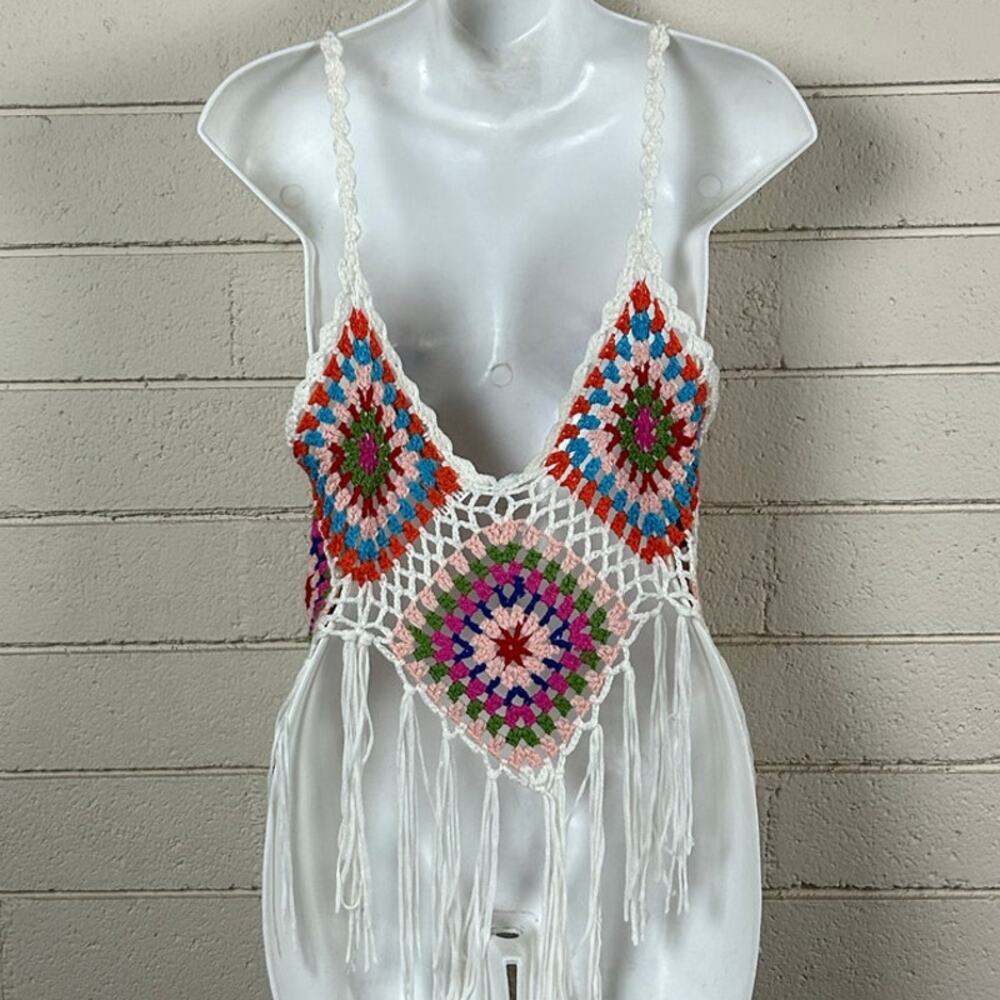 Rebellion Again Top Womens Multicolor Festival Crochet Tank Size S - Picture 5 of 8